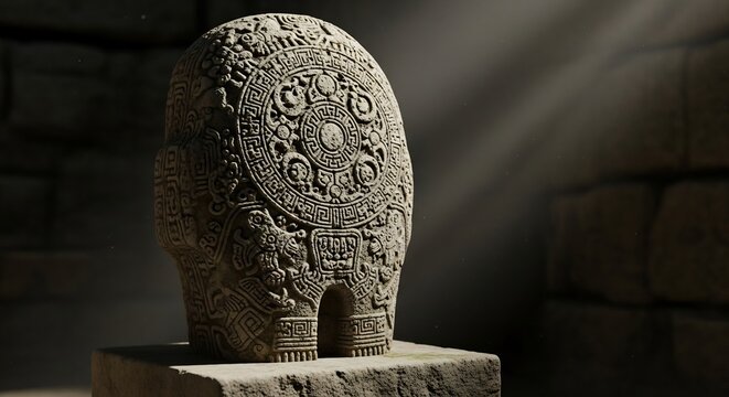 Ancient Stone Carving of a Mysterious Creature in Dramatic Light.