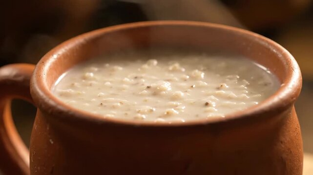 Close-up of hot steaming oatmeal porridge served in a traditional rustic terracotta clay mug, emphasizing warmth, comfort, and healthy breakfast food