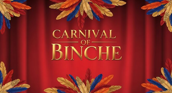 Vibrant carnival of binche graphic with colorful feathers and red curtain