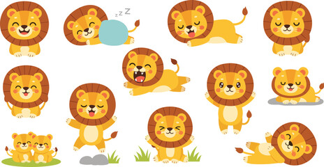 Fototapeta premium Cute Lion Cartoon Character Collection with Funny Expressions, Sleeping, Playing, and Happy Animal Poses Vector Illustration Set for Kids Design