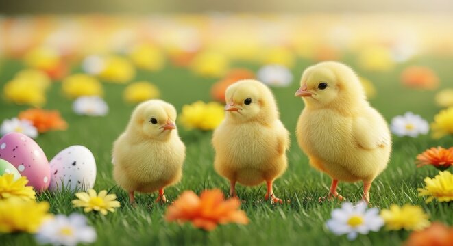 Easter sunday joy three adorable chicks amidst colorful flowers and easter eggs