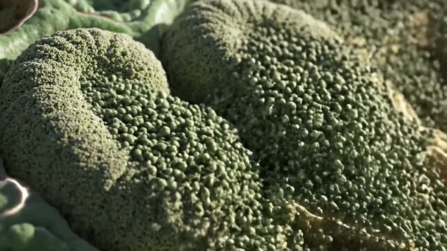Green broccoli florets on vegetable.