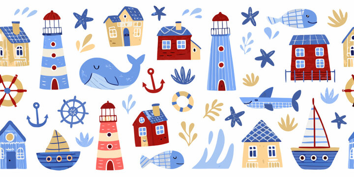Colorful nautical pattern featuring lighthouses whales and various sea life