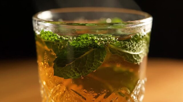 Refreshing amber cocktail or iced tea served in a textured glass, garnished with vibrant green mint leaves and ice cubes, featuring carbonation bubbles against a dark, moody background.