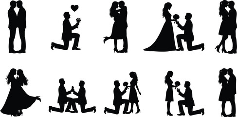 Obraz premium Romantic couple silhouette collection featuring love, proposal, embrace, kiss, and dance poses, perfect for Valentine’s Day, wedding, engagement, and relationship themed creative projects