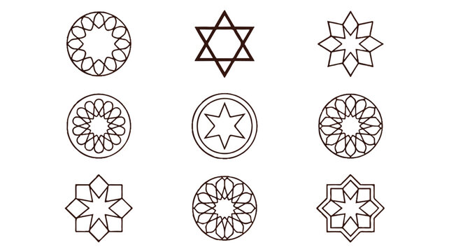 Set of intricate floral mandala designs and star shapes in brown lines on white background