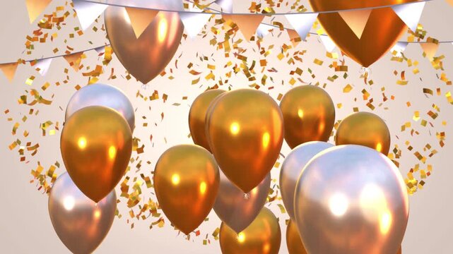 Happy birthday congratulation video with chocolate cake, golden and white balloons flying up and confetti falling down. Anniversary celebration loop animation