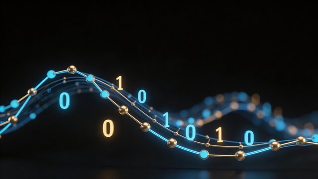 Abstract digital data flow with glowing binary code numbers 3D rendering of futuristic technology network big data visualization artificial intelligence concept on black background