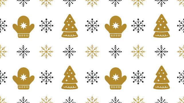 winter holiday seamless pattern with mittens snowflakes and christmas trees