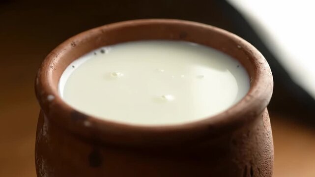 Close-up of traditional indian lassi, curd, or fresh milk served in a rustic earthenware terracotta cup (kulhad) against a dark background, highlighting the creamy texture.