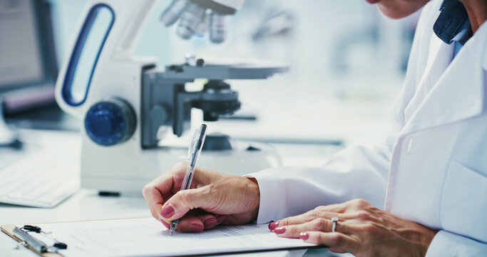 Hands, scientist and writing with clipboard at lab for notes, medical research and insight for virus cure. Person, admin and checklist with report, feedback or review with pharma study for vaccine