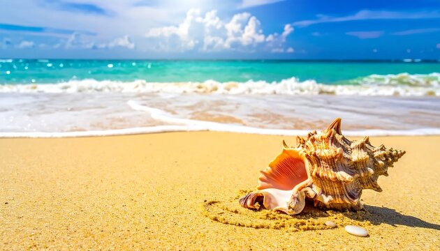 A conch shell on a sandy beach with turquoise sea