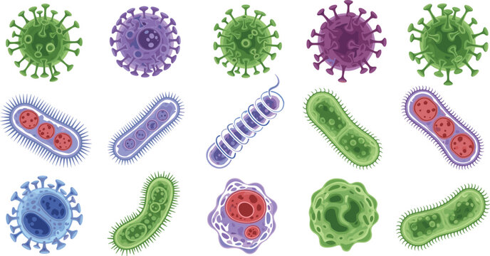 Virus and Bacteria Microorganism Collection with Germ Cells, Pathogens, Infection Icons, and Medical Microbiology Elements Vector Illustration Set