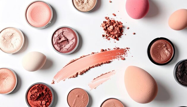 Flat lay of various makeup products and beauty blenders on a white background.
