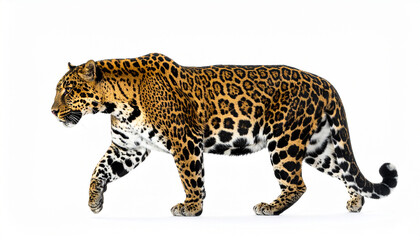 Naklejka premium A majestic jaguar walks alone on a pristine white background, showcasing its vibrant fur and powerful stride.