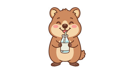 Obraz premium Cute cartoon quokka enjoying a refreshing drink from a bottle with a straw, illustration for children's books and nature themes