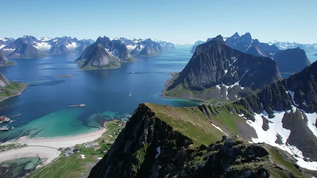 An aerial panorama of a stunning landscape, showcasing dramatic peaks with snow, a deep blue sea with islands, and a coastal village