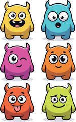 Cute Colorful Little Monsters with Horns and Funny Faces Cartoon