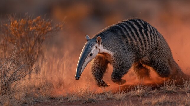 Giant anteater running through a field at sunset, wildlife photography