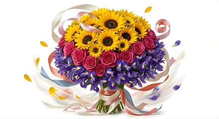 A bouquet divided into distinct color blocks of flowers yellow sunflowers, pink roses, purple irises © Sakshi 