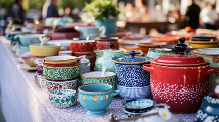 Fototapeta premium At a flea market or an Eastern European food market, a vendor's table is piled with a colorful assortment of vintage enamel pots, bowls, and mugs