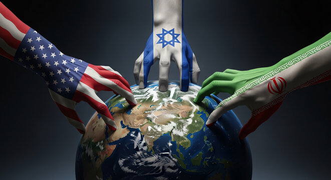 Three hands with US, Israeli, and Iranian flags reaching for a globe, symbolizing geopolitical influence and Middle East conflicts.