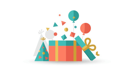 Obraz premium Birthday Gift Box Surprise with Balloons and Party Hat