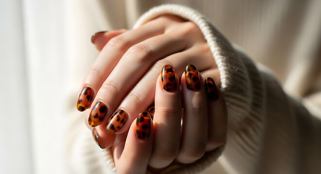 Close up of female hands showing trendy tortoiseshell pattern nail art manicure wearing cozy white knitted sweater