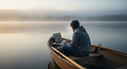 Fototapeta premium Individual works diligently on a portable computer while seated in a small vessel adrift on calm water at sunrise.