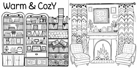 Intricate black and white illustration of a cozy room with bookshelves and fireplace © Ruhidas