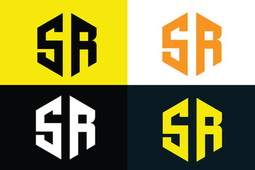 Obraz premium Modern SR Lettermark Logo Design Set with Hexagon Shape in Black, White, Yellow, and Orange Color Variations for Branding and Business Identity Vector