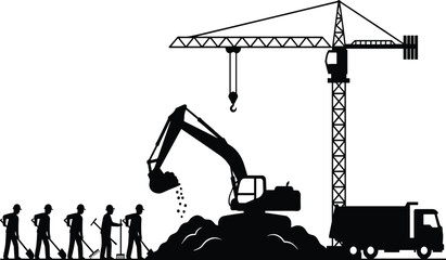Industrial Construction Site Silhouette with Workers Shoveling Ground Near Excavator Tower Crane and Dump Truck for Building Development Civil Engineering and Infrastructure Projects © BAPPI