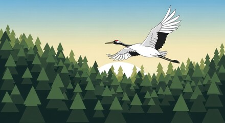 Fototapeta premium Graceful large wading bird soars above dense evergreen forest canopy at sunrise