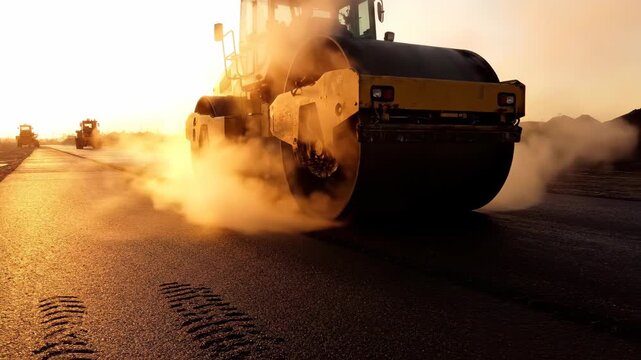 Road Roller Compacting Asphalt at Sunset - Construction and Infrastructure.