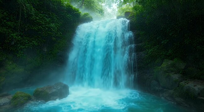 Majestic blue-green waterfall cascades through a vibrant, mossy tropical rainforest