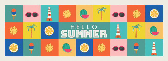 Summer theme with vibrant tropical icon grid and bold “Hello Summer” typography, perfect for posters, banners, social media, ads, web headers, invitations, and seasonal promotions. © abdy Abdilah48