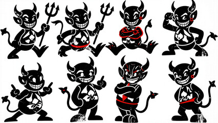 Obraz premium Seamless background pattern featuring cute and playful cartoon little devil characters with pitchforks for fun Halloween or mischievous graphic designs.