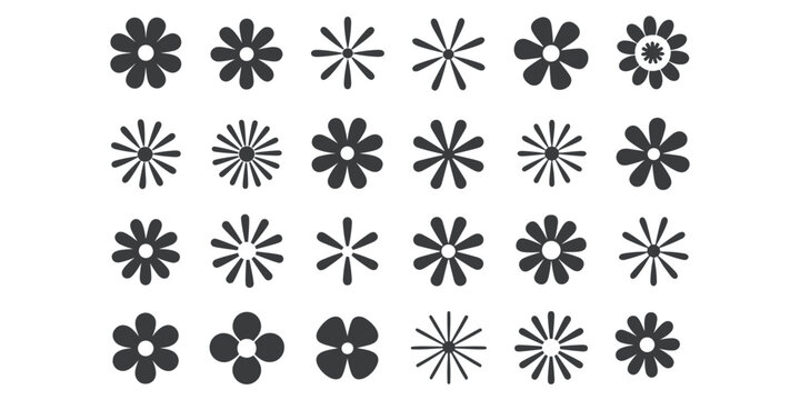 Collection of 24 black stylized flower icons on a white background graphic