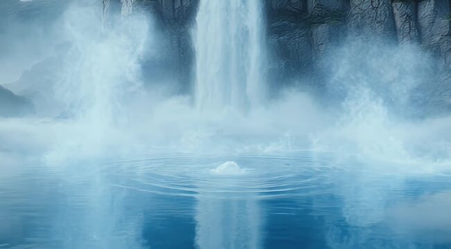 Powerful waterfall cascades from dark cliffs into a vast misty pool under cloudy skies