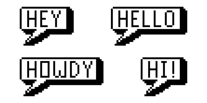 Set pixel greetings words with bubble speech vector for retro games. Ideal for symbolizing 8-bit digital hellos, arcade chat, and classic text.