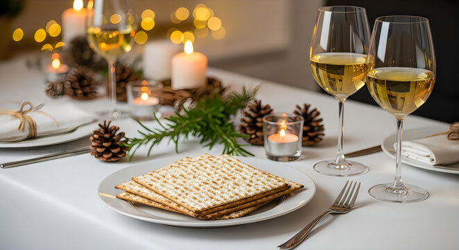 Elegant jewish passover seder table setting with wine glasses and matzah plates