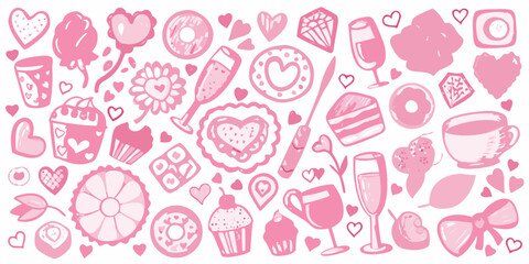 Naklejka premium A collection of pink hand drawn sweets treats and romantic heart doodles
