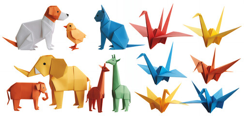 Colorful origami animals on white background paper folding