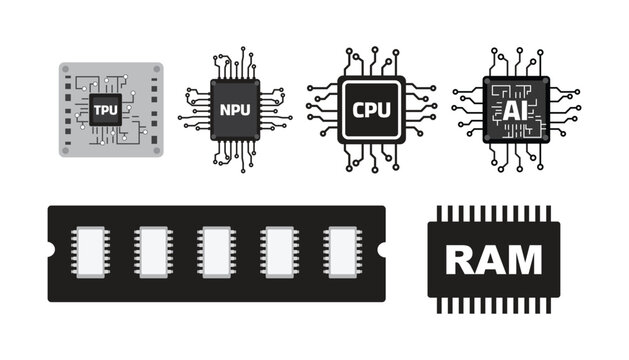 Computer processor chip icon set CPU GPU NPU TPU AI RAM SSD hardware technology vector illustration.