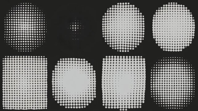 An arrangement of shapes created using various dot patterns, including rectangles, circles, and irregular forms, on a contrasting black background