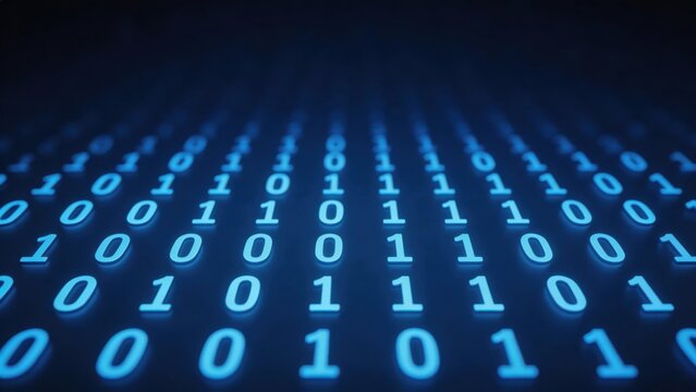 Glowing blue binary code 0 and 1 digits on dark background digital data stream cyber security concept abstract technology computer programming software coding network information