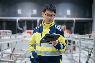 Worker in high-visibility uniform holding tablet while inspecting industrial equipment on site © zhu difeng