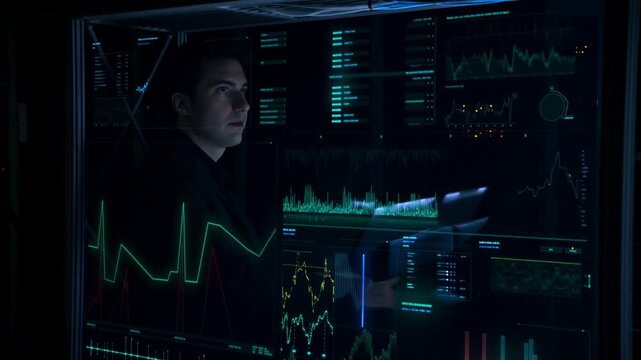 Intense Focus on Data Analysis: A Dedicated Analyst Interpreting Complex Algorithms in a Darkened Environment Surrounded by Visualization Screens and Graphs