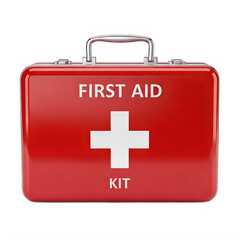 Fototapeta premium Red first aid kit box with white cross and handle on top isolated on white transparent background