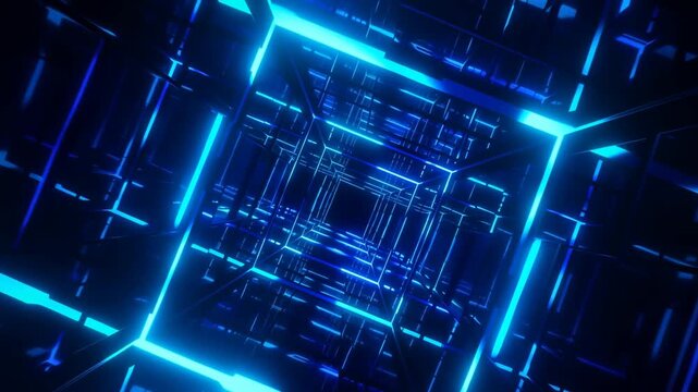 A Stunning Journey Through a Hypnotic Light Tunnel of Glowing Blue and Black Boxes, Emanating a Mesmerizing Digital Aesthetic and Futuristic Vibes
